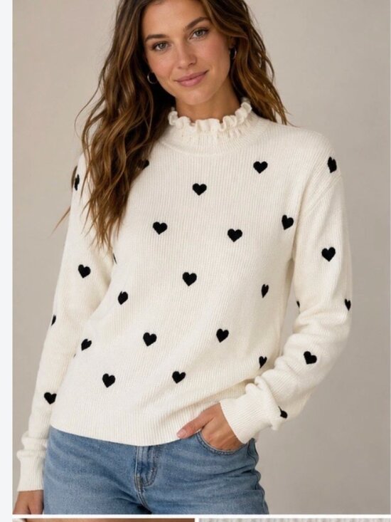 Anthropologie Sweaters - Anthropologie Ruffled Collar Heart Sweater in Classic Black and White